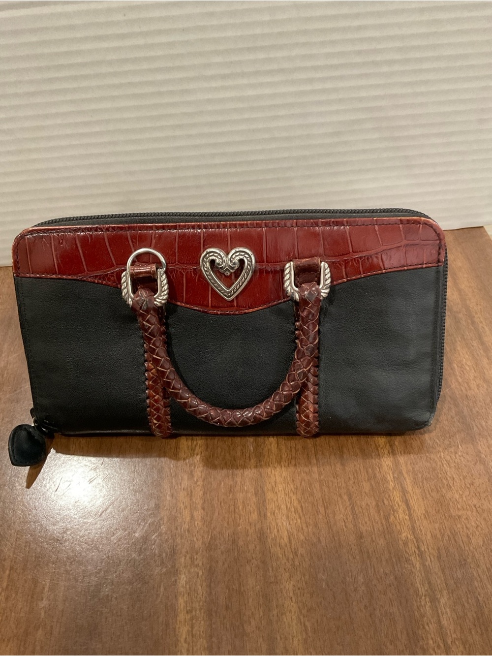 Brighton Black and Burgundy Heart-Accent Zip Wallet braided leather
